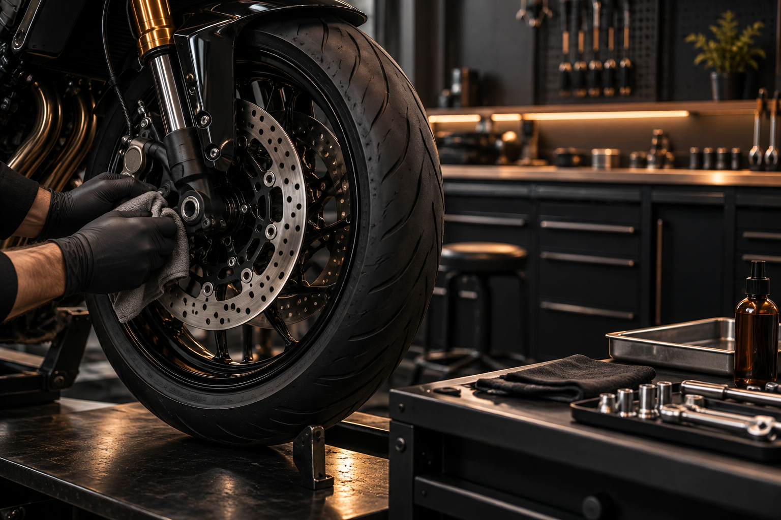 Motorcycle wheel and brake detail in a service workshop